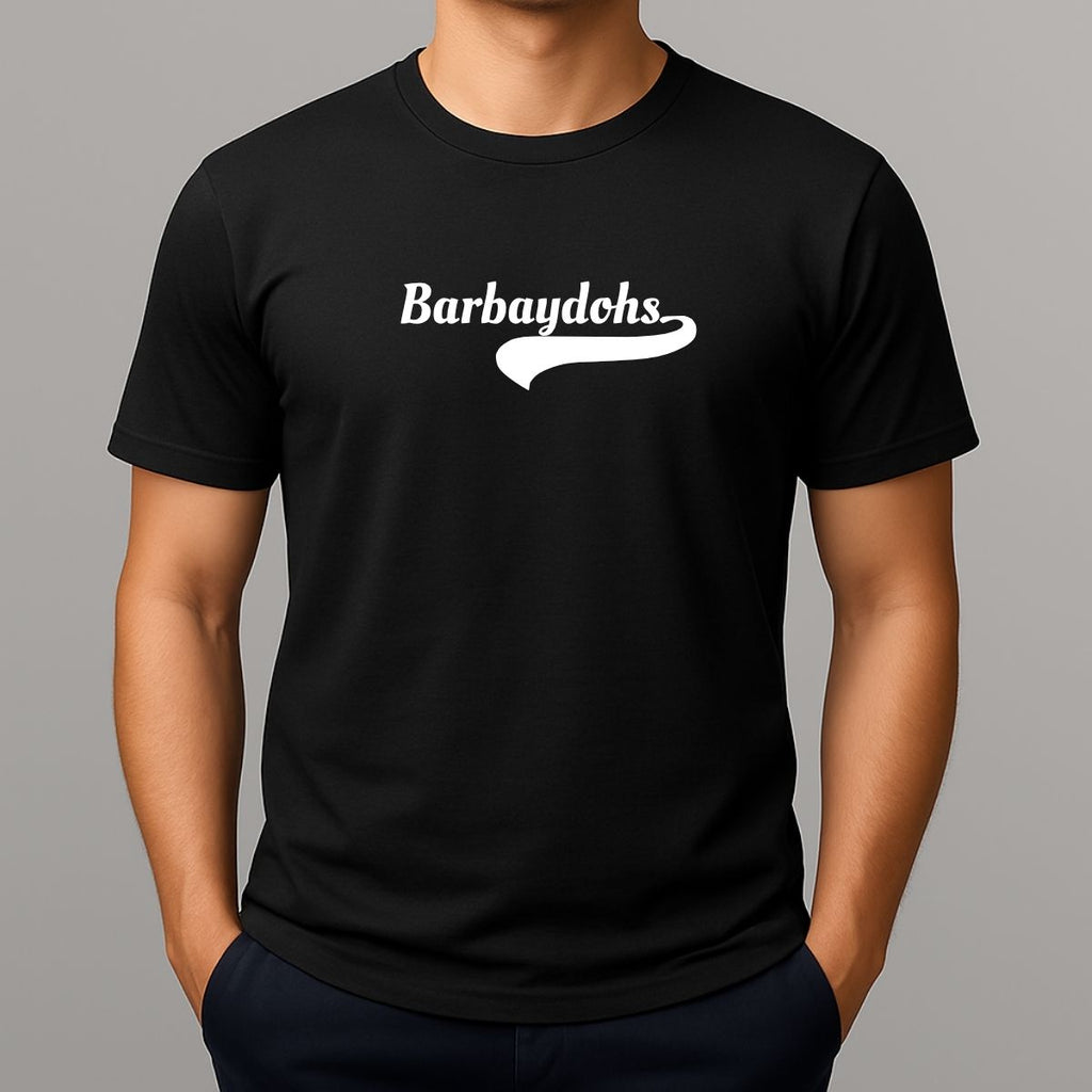 Black t-shirt with white text 'Barbaydohs' - slang spelling for Barbados 