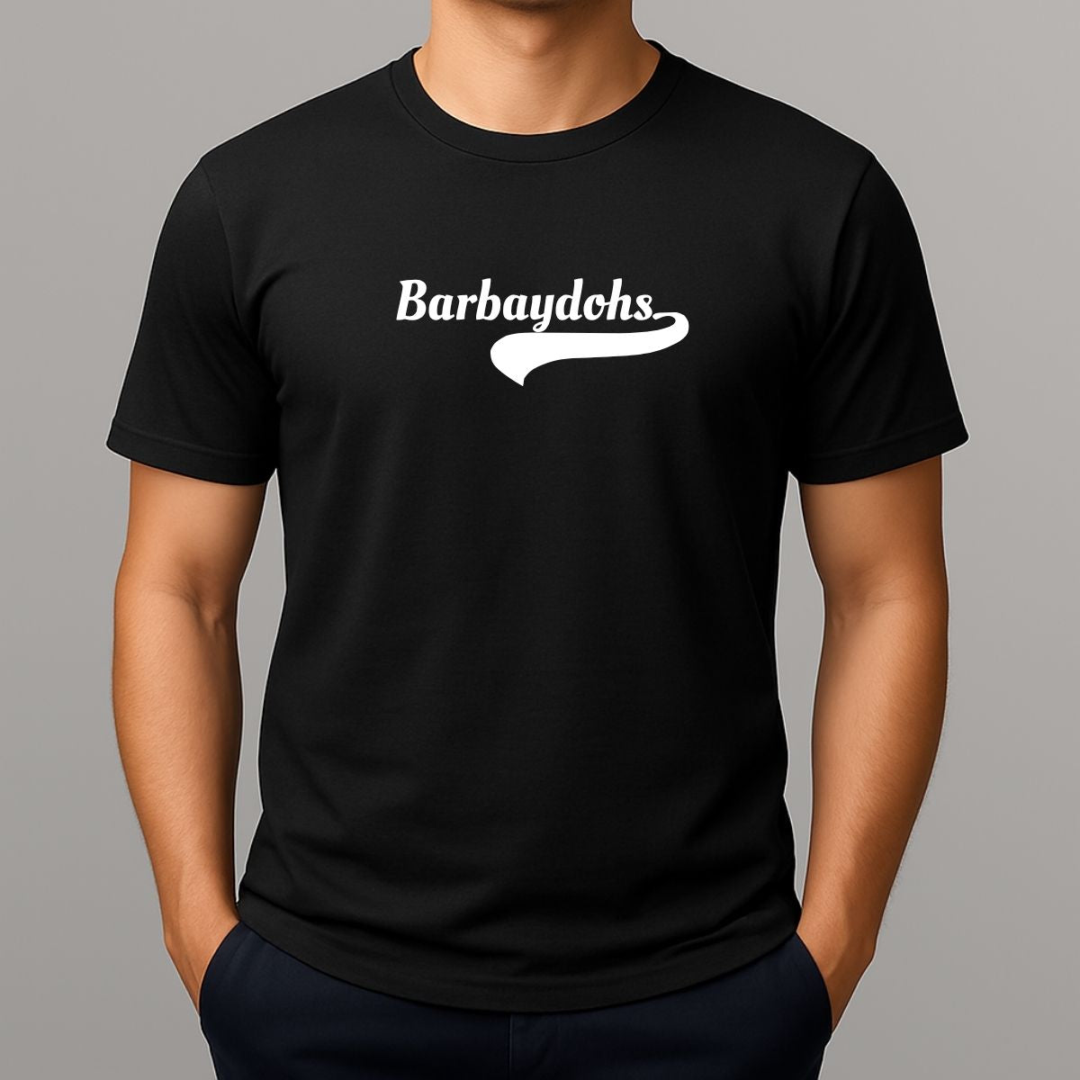 Black t-shirt with white text 'Barbaydohs' - slang spelling for Barbados 