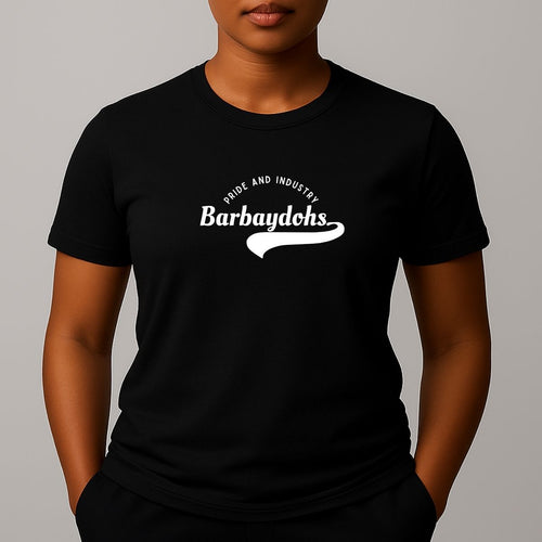 Person wearing a black t-shirt with a white graphic that reads 'PRIDE AND INDUSTRY' and 'Barbaydohs' - phonetic spelling of Barbados 