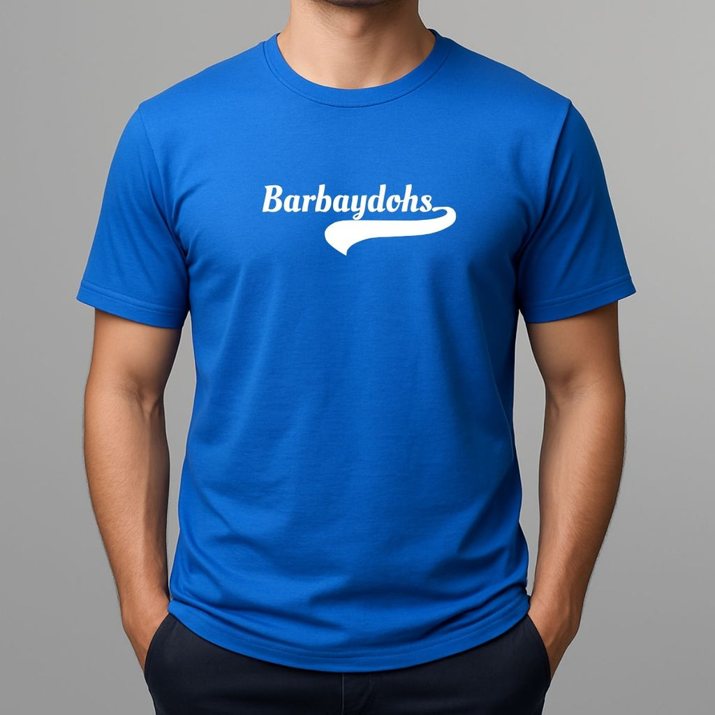 Person wearing a blue t-shirt with white text 'Barbaydohs'- slang spelling for Barbados
