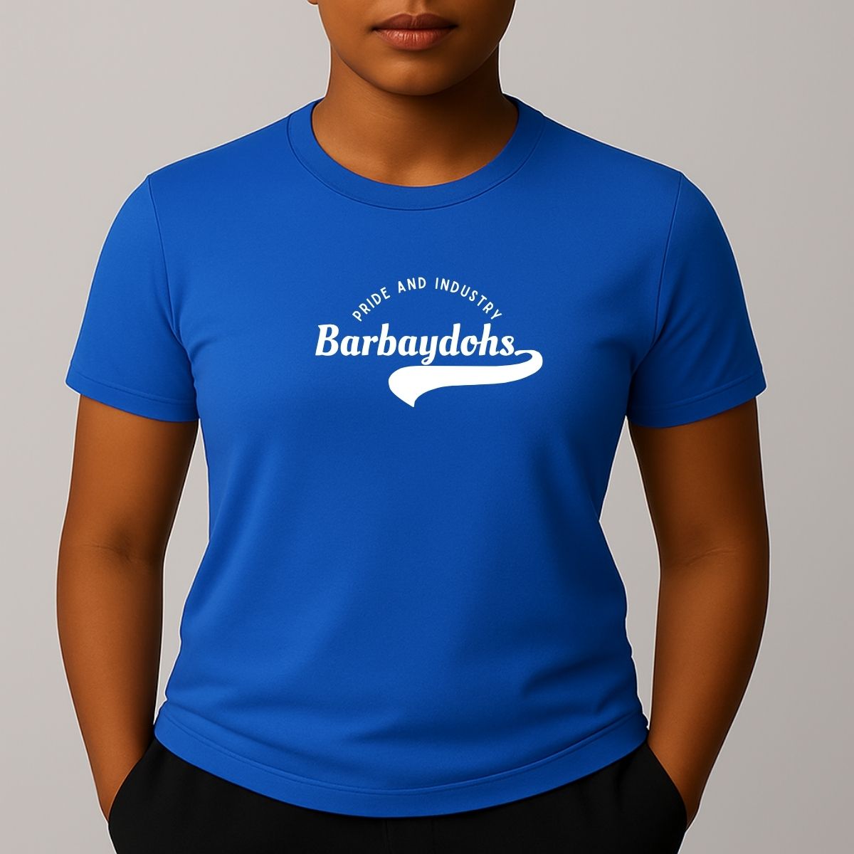 Person wearing a blue t-shirt with a white graphic that reads 'PRIDE AND INDUSTRY' and 'Barbaydohs' - phonetic spelling of Barbados 