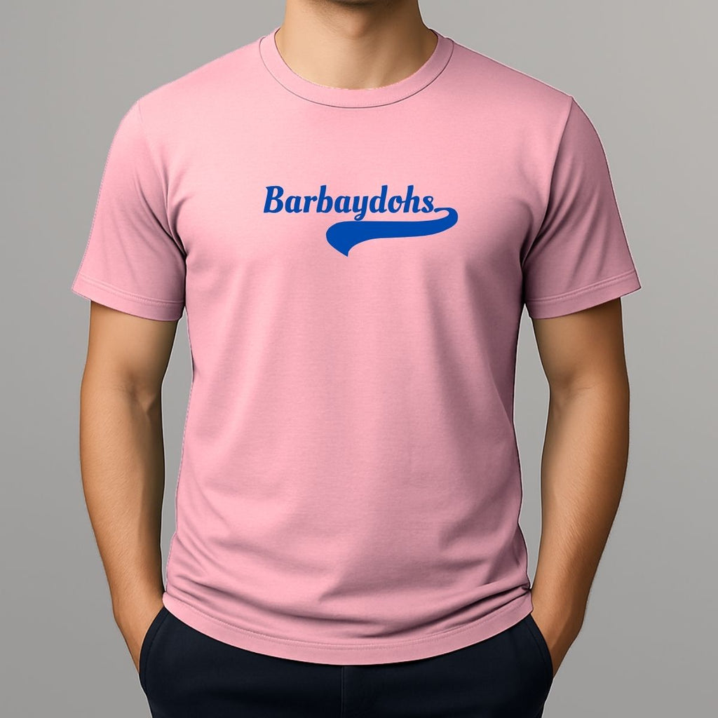Person wearing a pink t-shirt with blue text 'Barbaydohs' - slang for Barbados