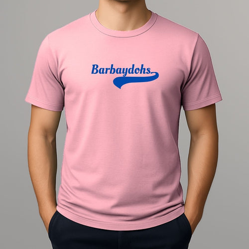 Person wearing a pink t-shirt with blue text 'Barbaydohs' - slang for Barbados