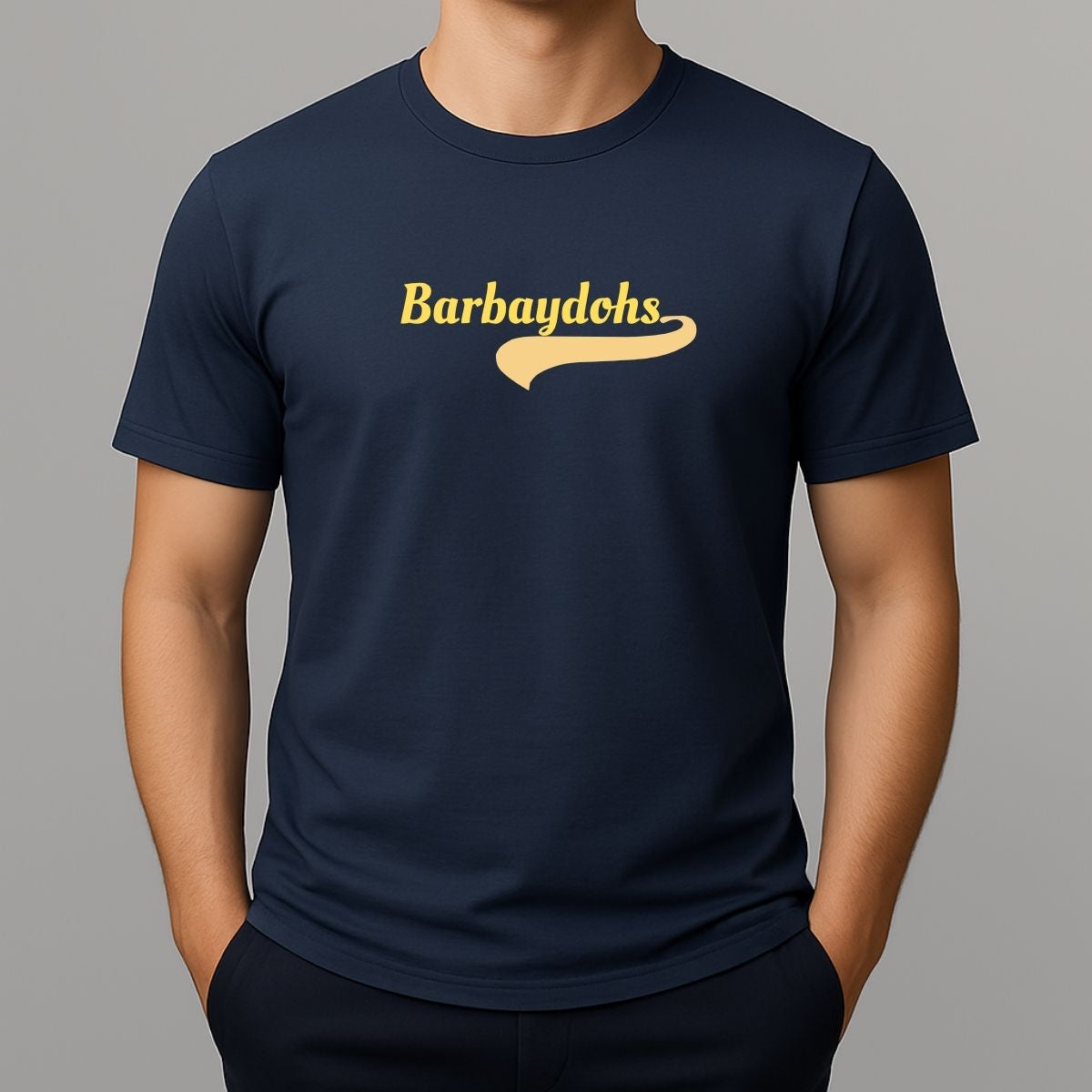Person wearing a navy blue t-shirt with yellow text 'Barbaydohs' - slang for Barbados