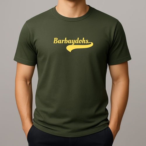 Person wearing a green t-shirt with yellow text 'Barbaydohs' - slang for Barbados 