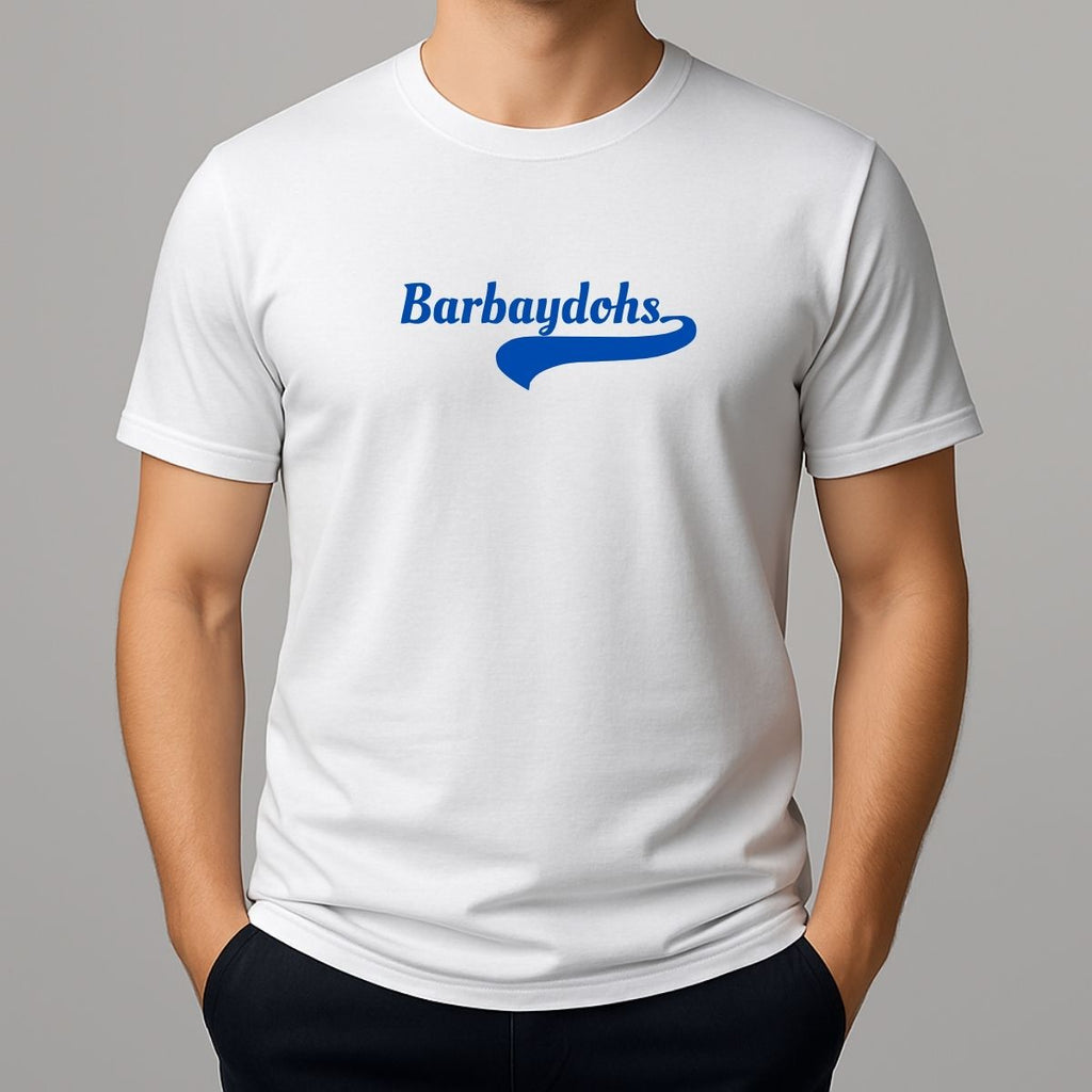White t-shirt with blue text BARBAYDOS, slang spelling for Barbados