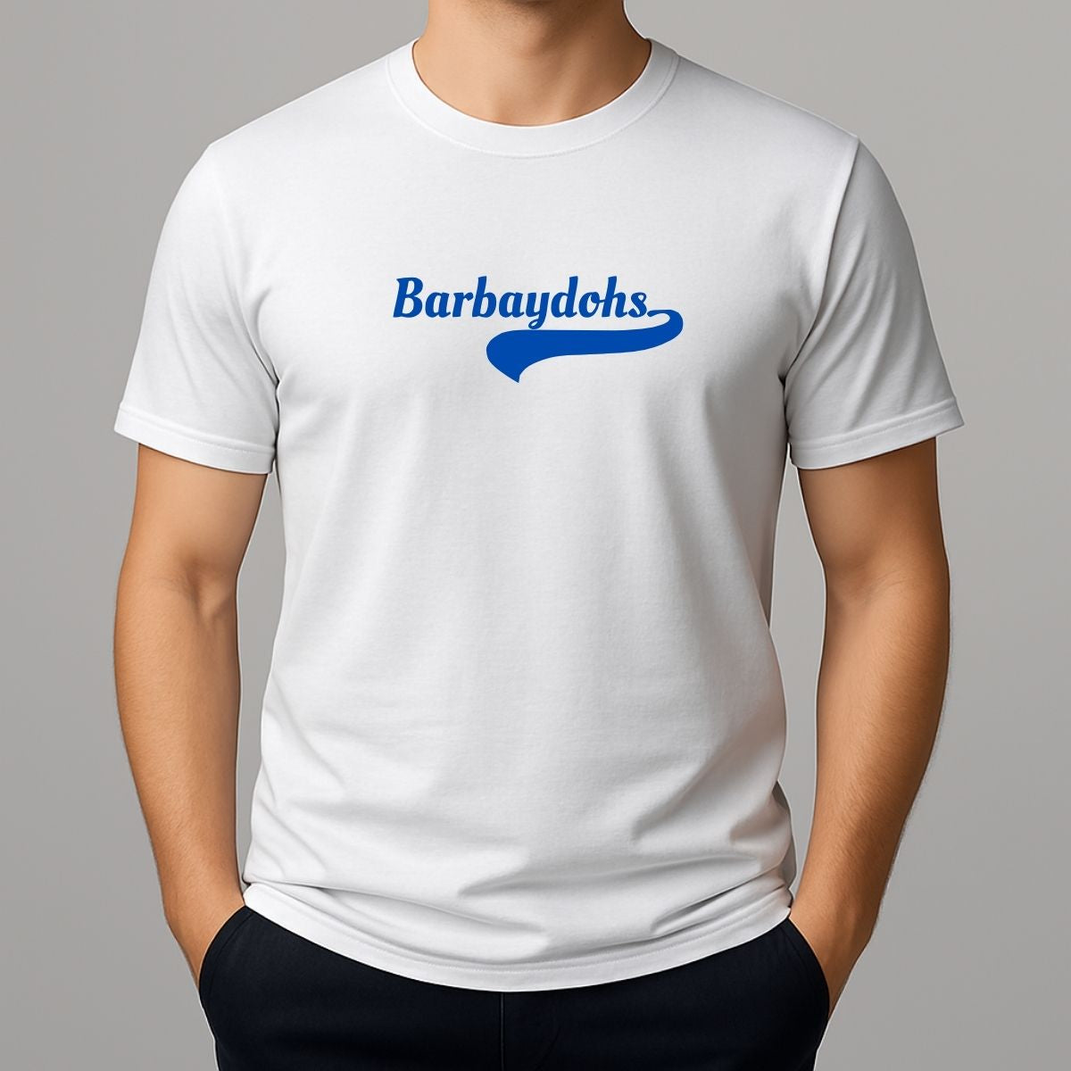 White t-shirt with blue text BARBAYDOS, slang spelling for Barbados