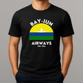 Black t-shirt with 'BAY-JUN AIRWAYS' design on a gray background