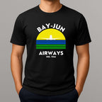 Black t-shirt with 'BAY-JUN AIRWAYS' design on a gray background