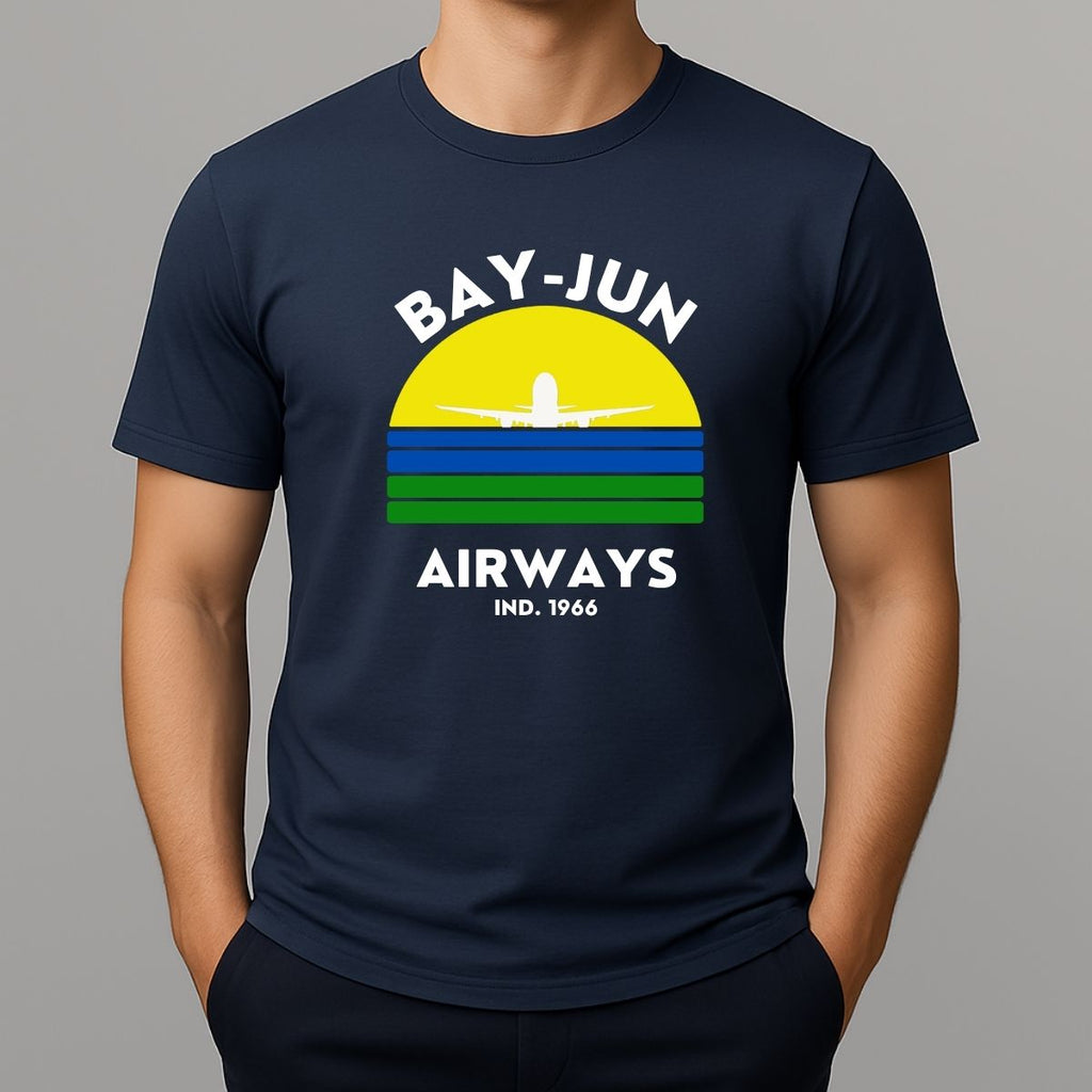 Navy blue t-shirt with 'Bay-Jun Airways' design on a gray background