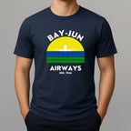 Navy blue t-shirt with 'Bay-Jun Airways' design on a gray background