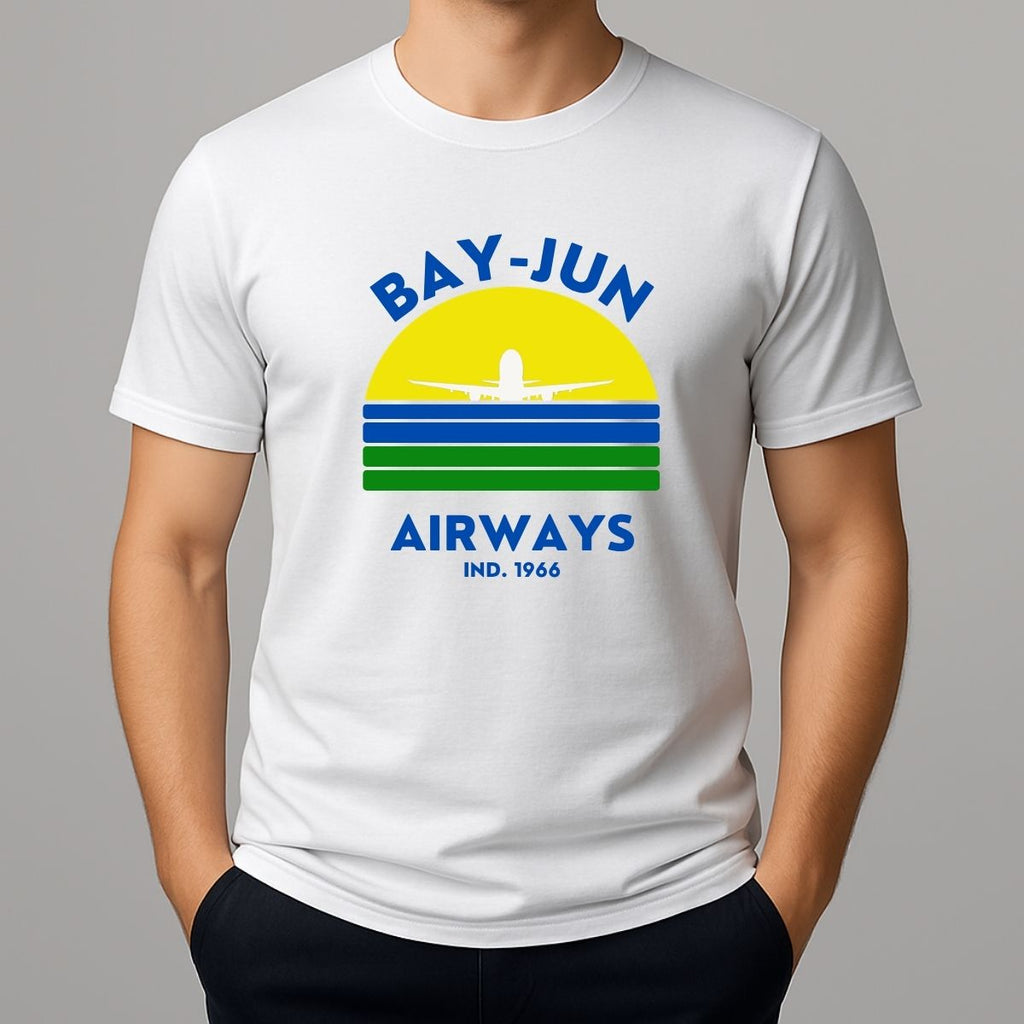 White t-shirt with Bay-Jun Airways logo on a gray background
