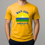 Yellow t-shirt with 'BAY-JUN AIRWAYS' design on a gray background