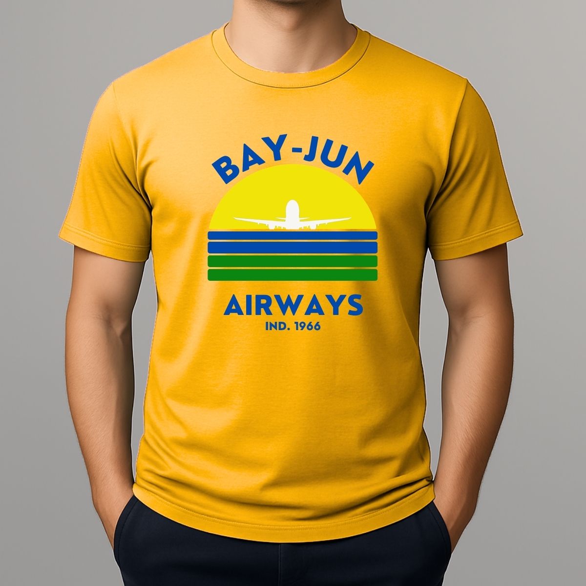 Yellow t-shirt with 'BAY-JUN AIRWAYS' design on a gray background
