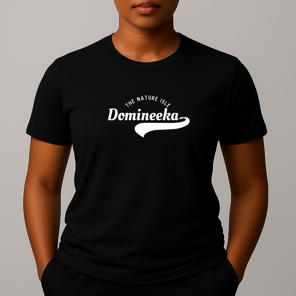 Person wearing a black t-shirt with a white graphic print that reads 'THE NATURE ISLE' and a phonetic spelling of 'DOMINEEKA'.