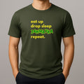 Khaki green t-shirt with text 'eat up drop sleep JAHMAYKA repeat.' on a gray background