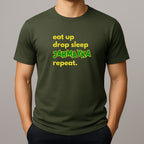 Khaki green t-shirt with text 'eat up drop sleep JAHMAYKA repeat.' on a gray background