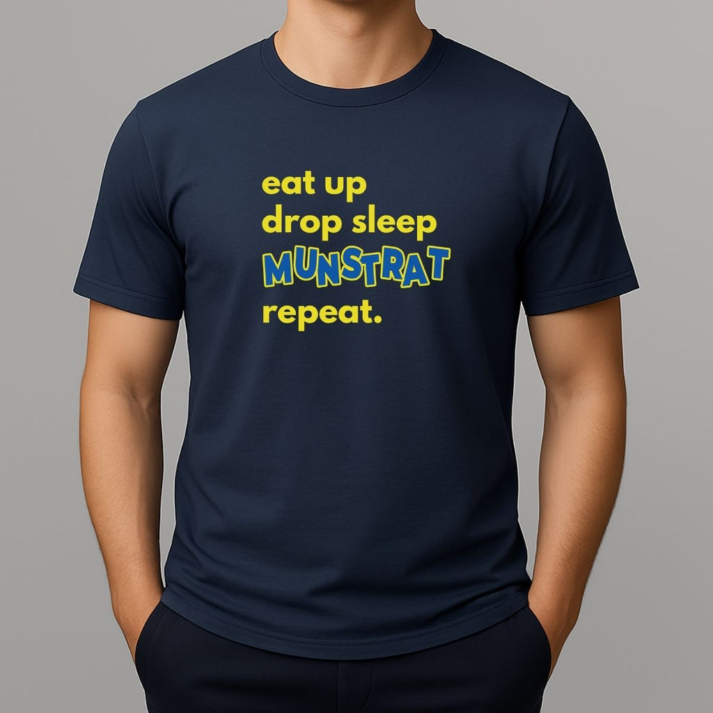 Person wearing navy t shirt with yellow text