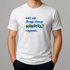 Person wearing a white t shirt with blue text