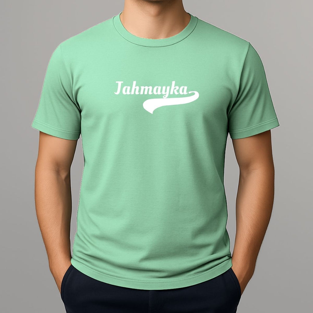 Person wearing a light green t-shirt with 'Jahmayka' logo - slang spelling for Jamaica 