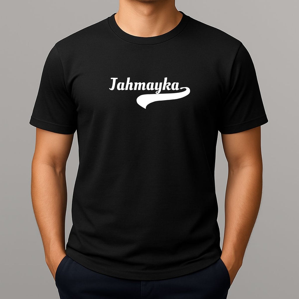 Person wearing a black t-shirt with 'Jahmayka' a slang spelling for Jamaica, printed on it 
