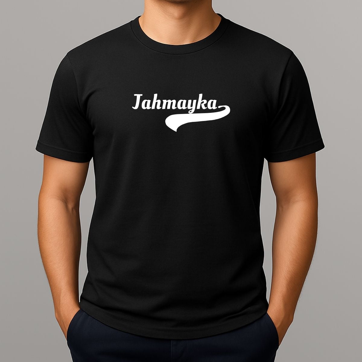 Person wearing a black t-shirt with 'Jahmayka' a slang spelling for Jamaica, printed on it 