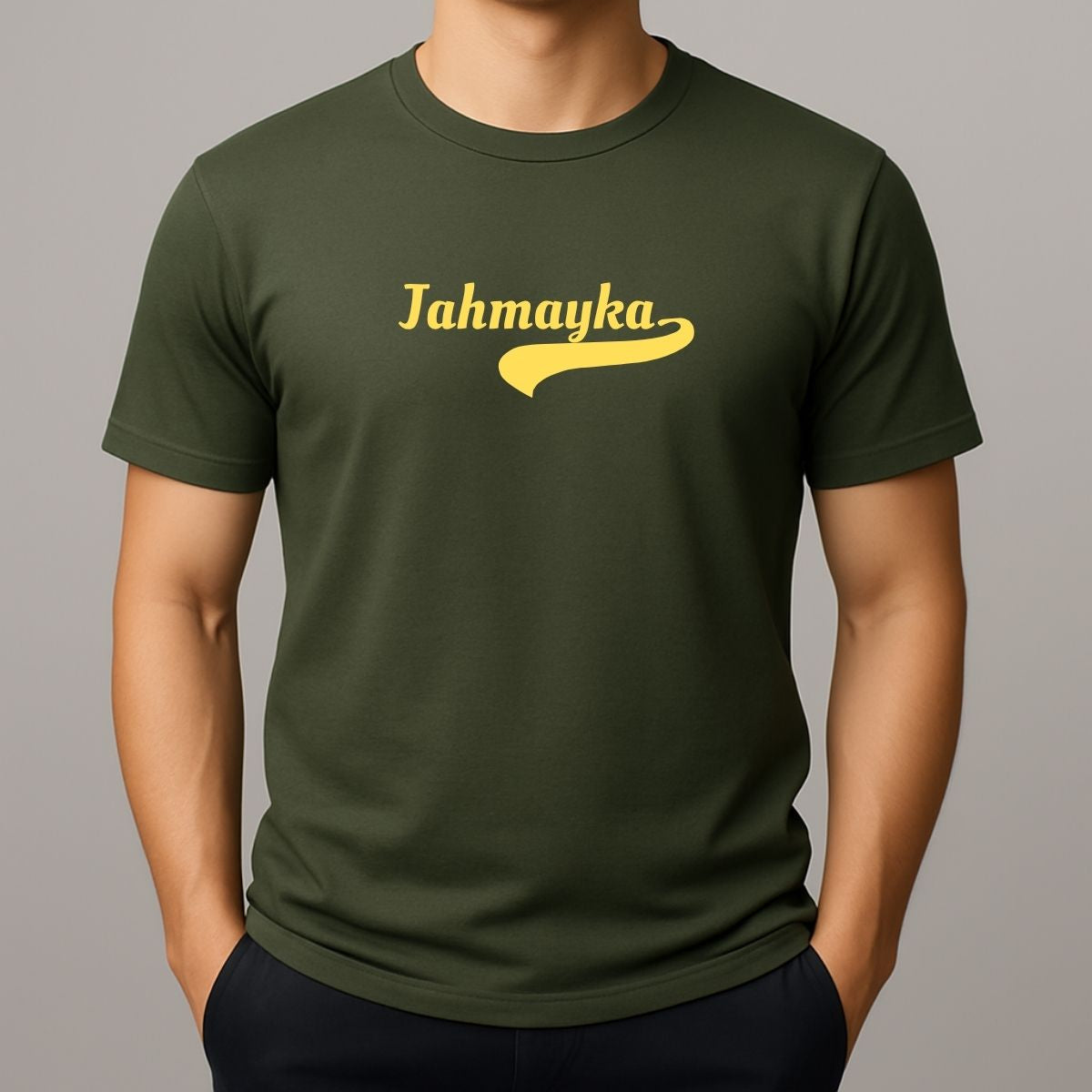 Green t-shirt with 'Jahmayka' text in yellow - slang for Jamaica 