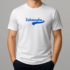 White t-shirt with blue Jahmayka text - slang for Jamaica 