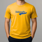 Person wearing a yellow t-shirt with 'Jahmayka' text - slang spelling for Jamaica 