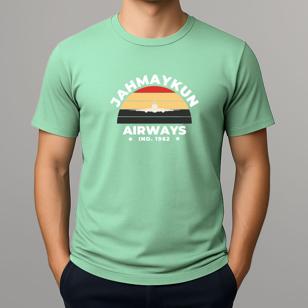 Person wearing a light green t shirt with JAHMAYKUN AIRWAYS design