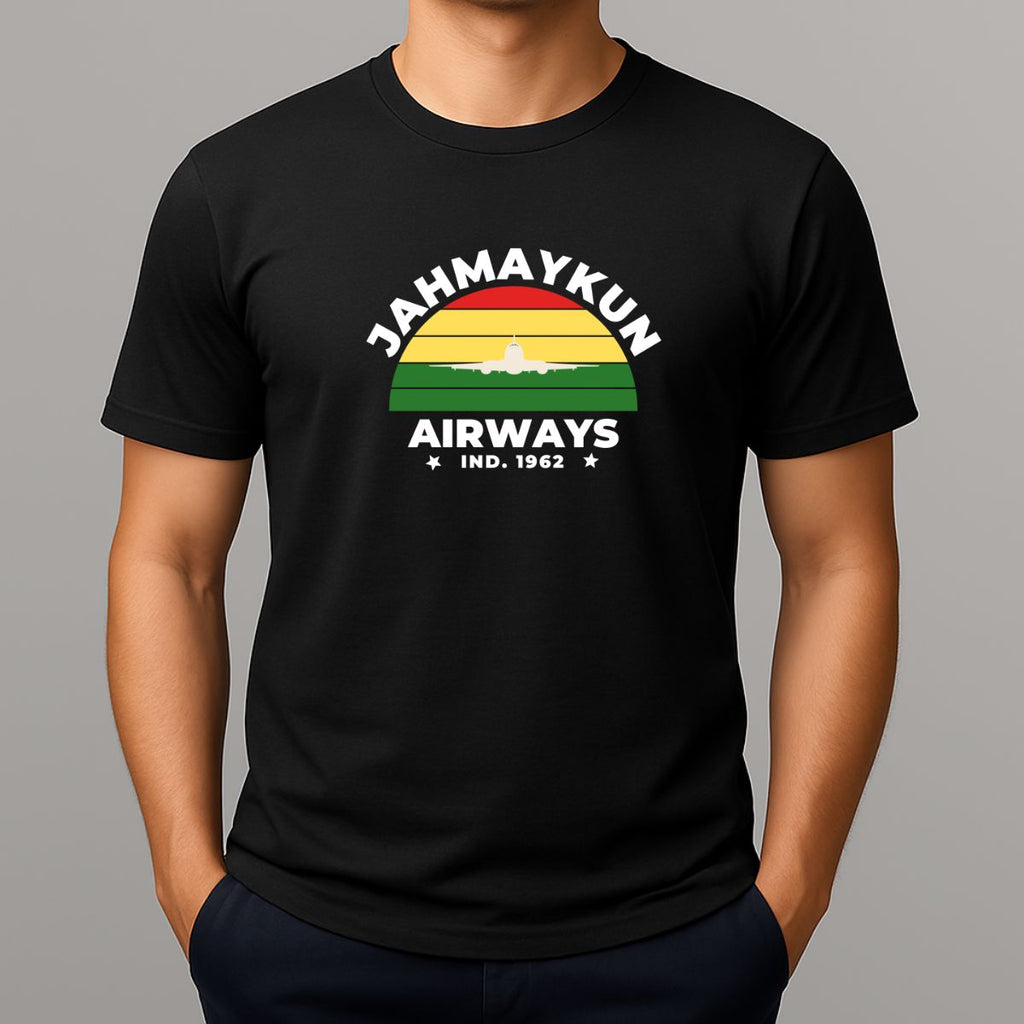 Person wearing black t shirt with JAHMAYKUN AIRWAYS design