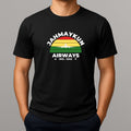 Person wearing black t shirt with JAHMAYKUN AIRWAYS design