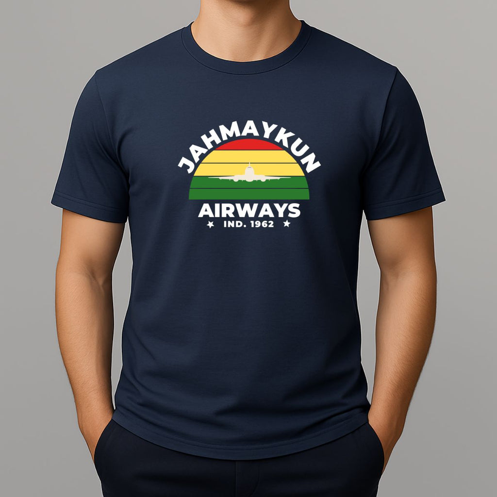 Navy blue t-shirt with colorful JAHMAYKUN AIRWAYS graphic 