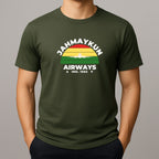 Person wearing a green t-shirt with 'Jahmaykun Airways' design 