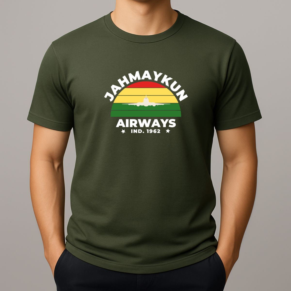 Person wearing a green t-shirt with 'Jahmaykun Airways' design 