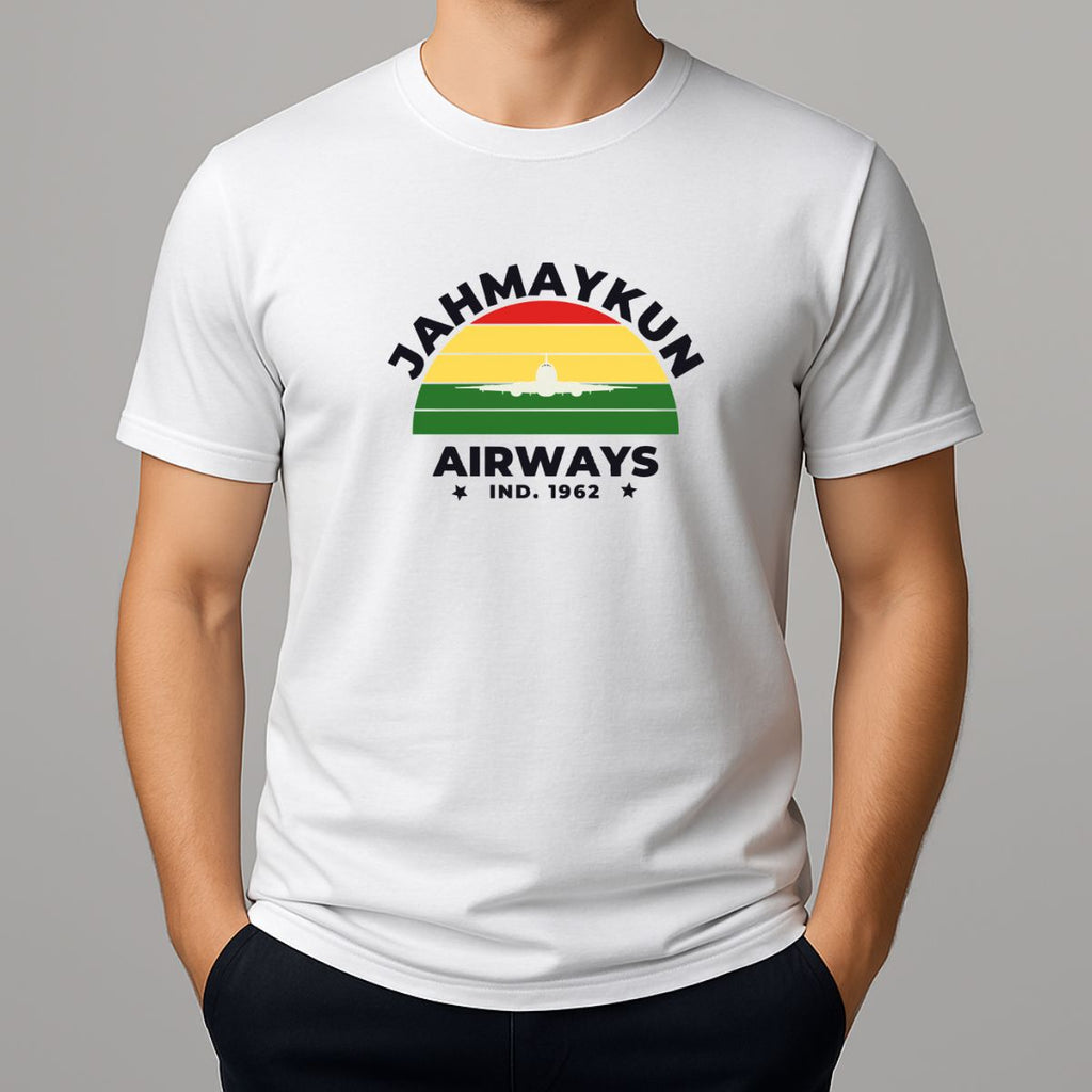 Person wearing a white t shirt with colourful Jahmaykun Airways graphic