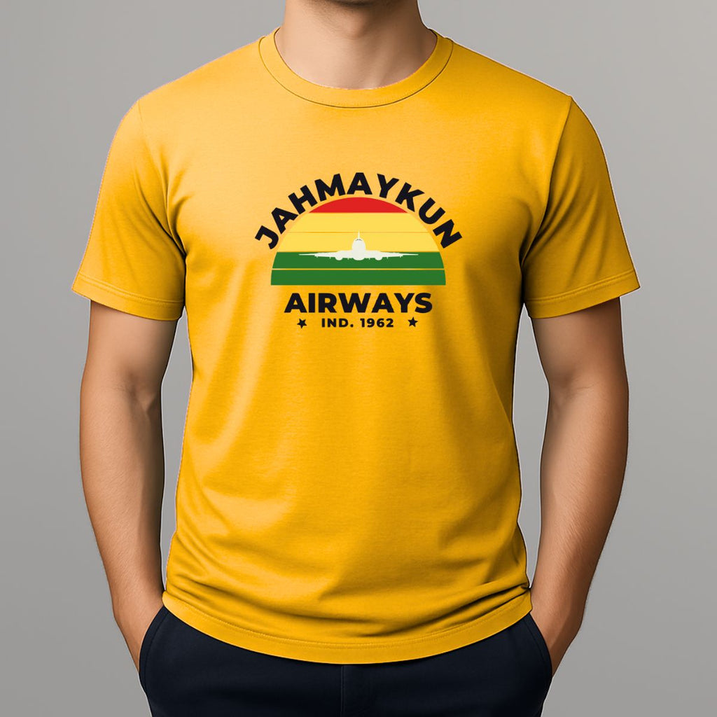 Person wearing a yellow t-shirt with colourful 'Jahmaykun Airways' design 