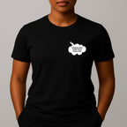 Person wearing a black short-sleeve t-shirt with a comic style thought bubble on the left chest. Black text reads "MORE BLACKS, MORE DOGS, MORE IRISH".