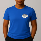 Person wearing a blue short-sleeve t-shirt with a comic style thought bubble on the left chest. Black text reads "MORE BLACKS, MORE DOGS, MORE IRISH".