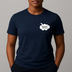 Person wearing a navy short-sleeve t-shirt with a comic style thought bubble on the left chest. Black text reads "MORE BLACKS, MORE DOGS, MORE IRISH".