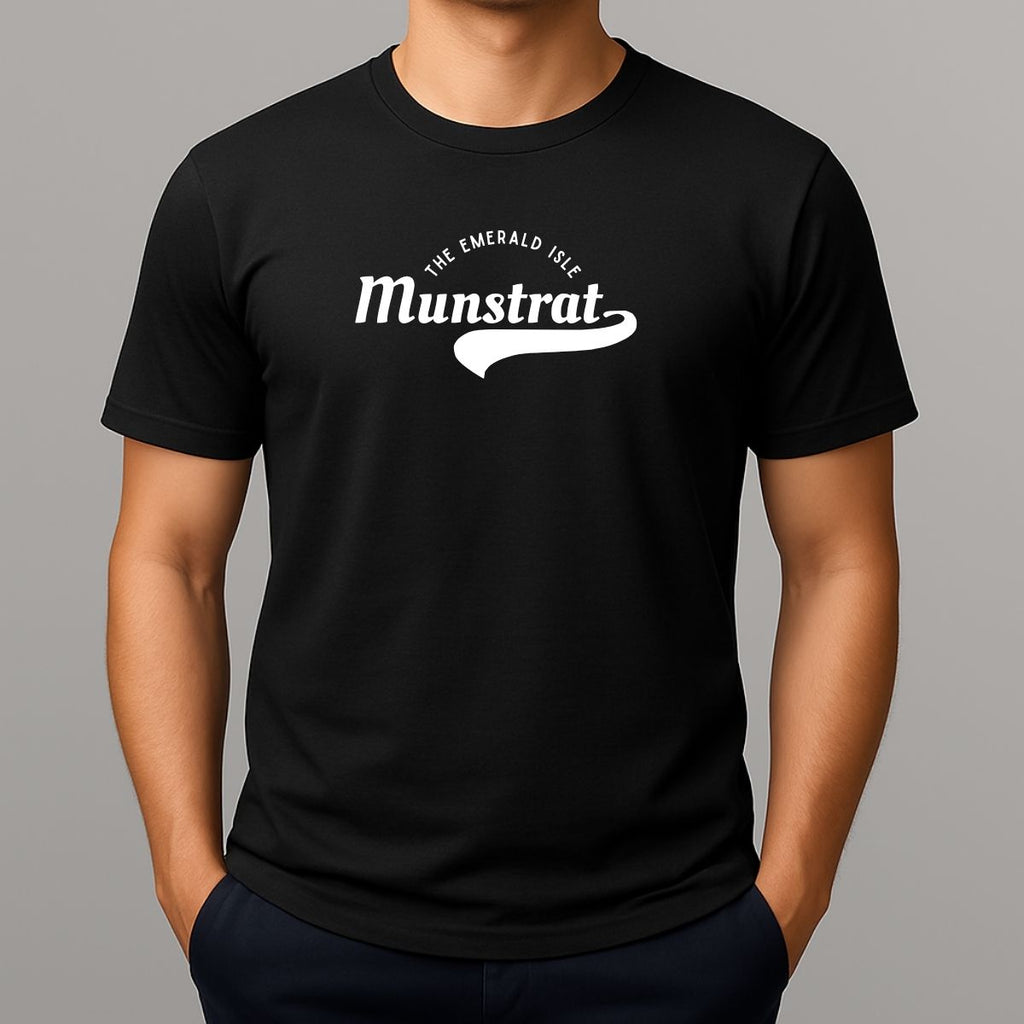 Black t-shirt with white Munstrat logo - slang for Montserrat