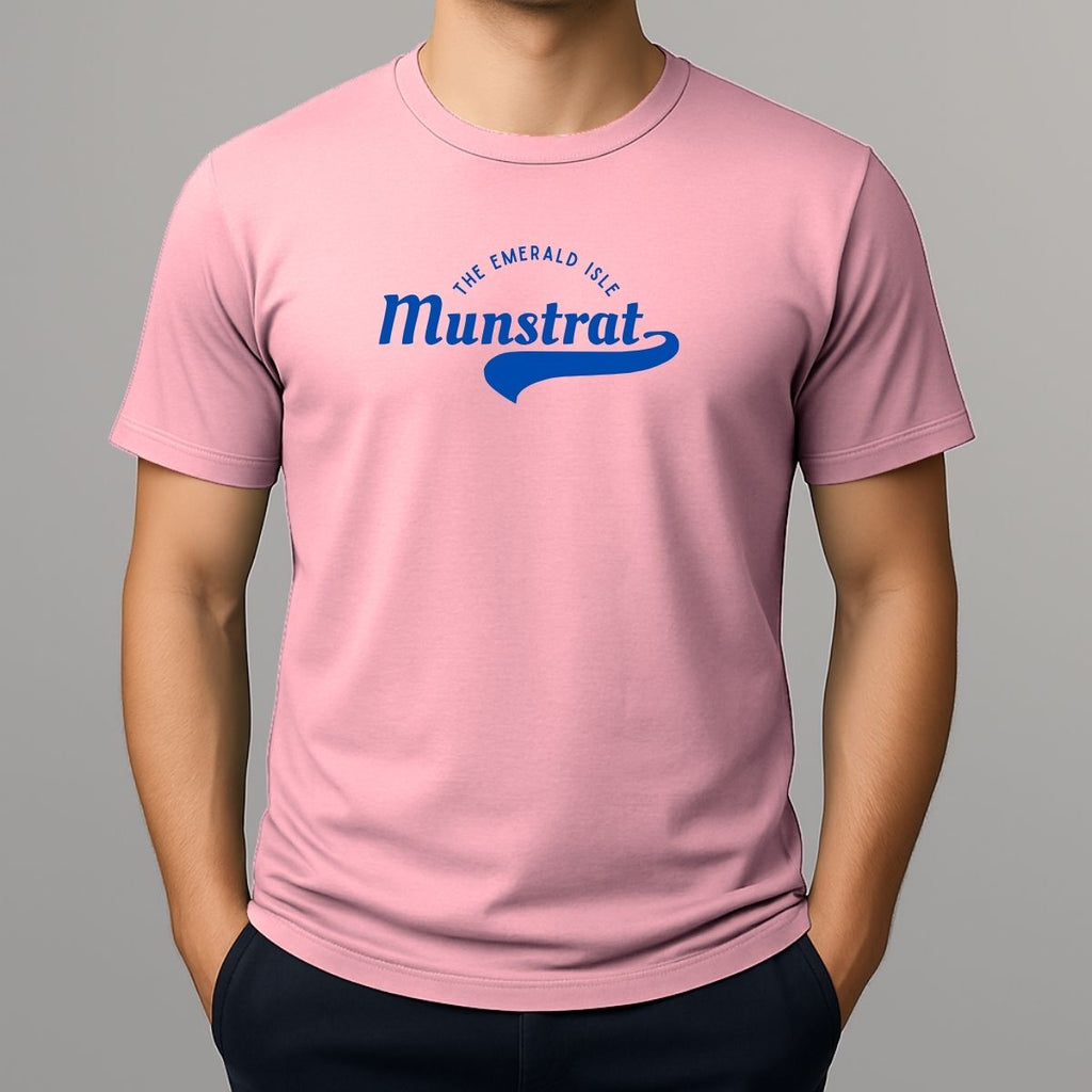 Person wearing a pink t-shirt with blue Munstrat logo - slang for Montserrat