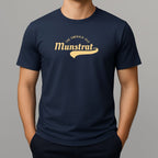 Navy blue t-shirt with 'The Emerald Isle Munstrat' logo - slang for Montserrat 