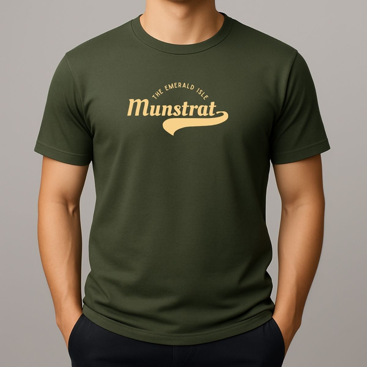 Green t-shirt with 'The Emerald Isle Munstrat' logo - slang for Montserrat