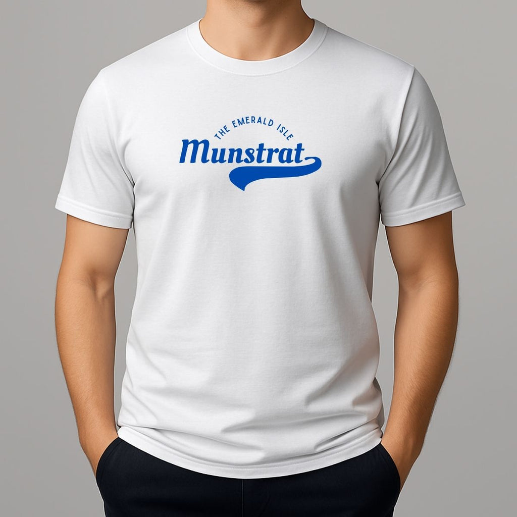 White t-shirt with blue Munstrat logo - slang spelling for Montserrat 