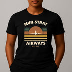 Black t-shirt with 'MUN-STRAT Airways' horizon design with an airplane 