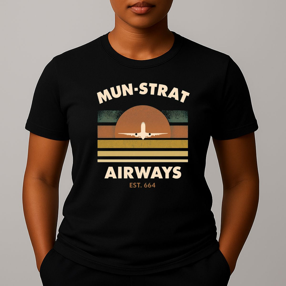Black t-shirt with 'MUN-STRAT Airways' horizon design with an airplane 