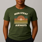 Khaki green t-shirt with 'MUN-STRAT Airways' horizon design with an airplane 