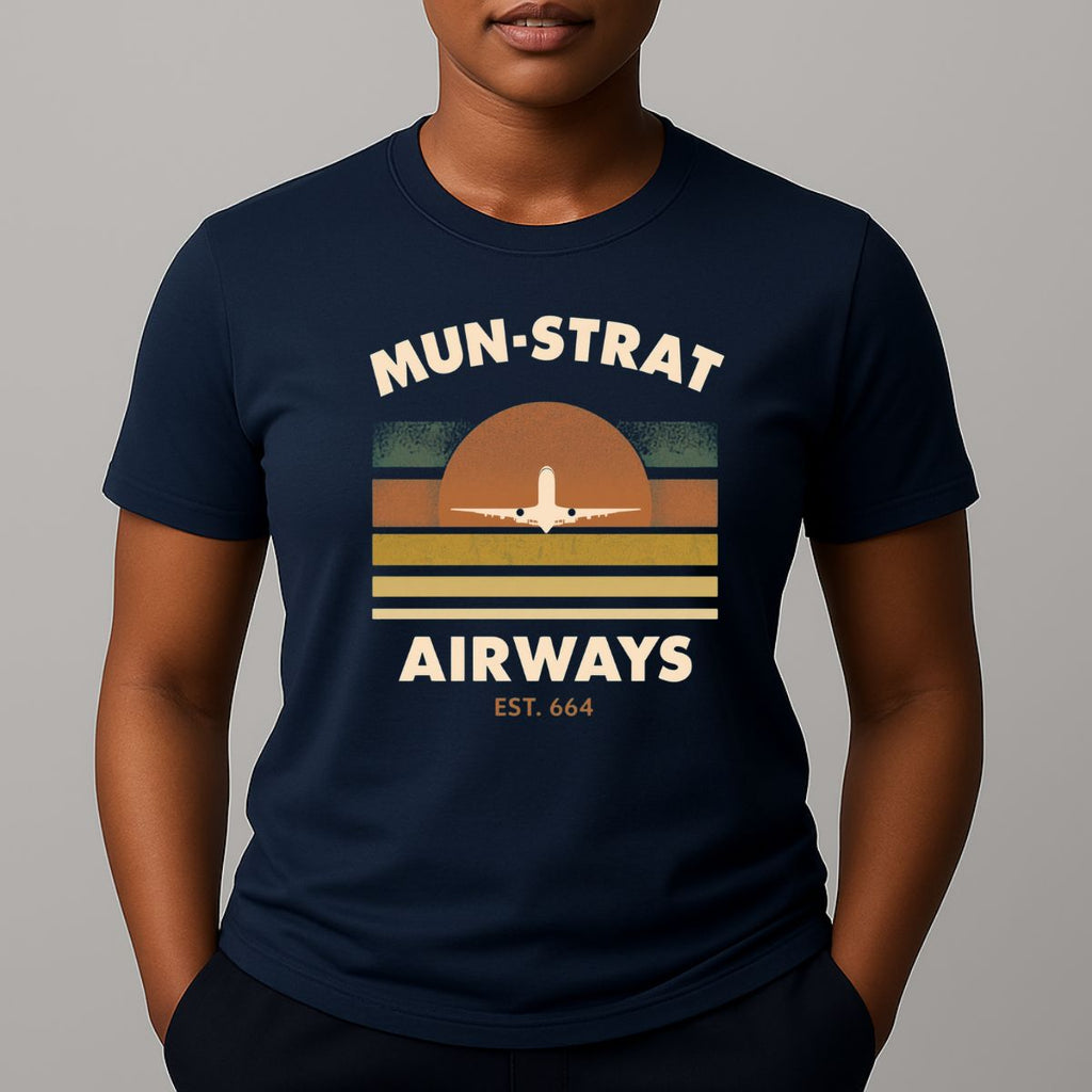 Navy t-shirt with 'MUN-STRAT Airways' horizon design with an airplane 