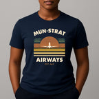 Navy t-shirt with 'MUN-STRAT Airways' horizon design with an airplane 